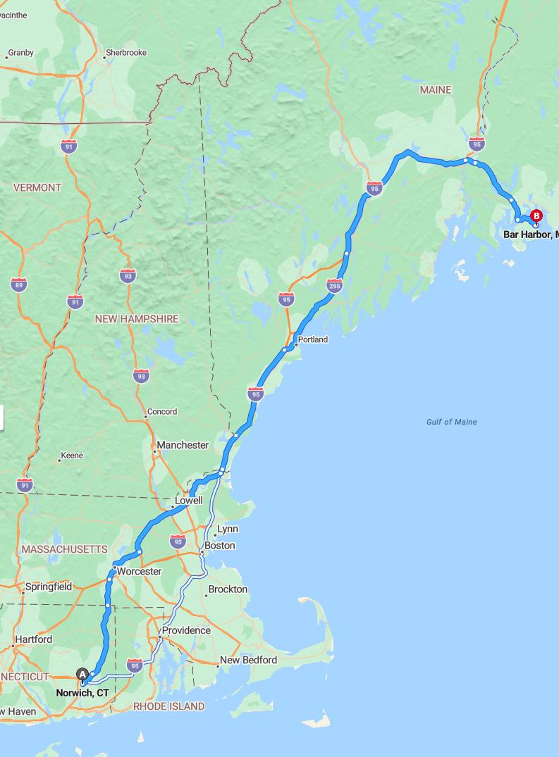 driving from Norwich, Connecticut to Bar HarborMaine - map and route