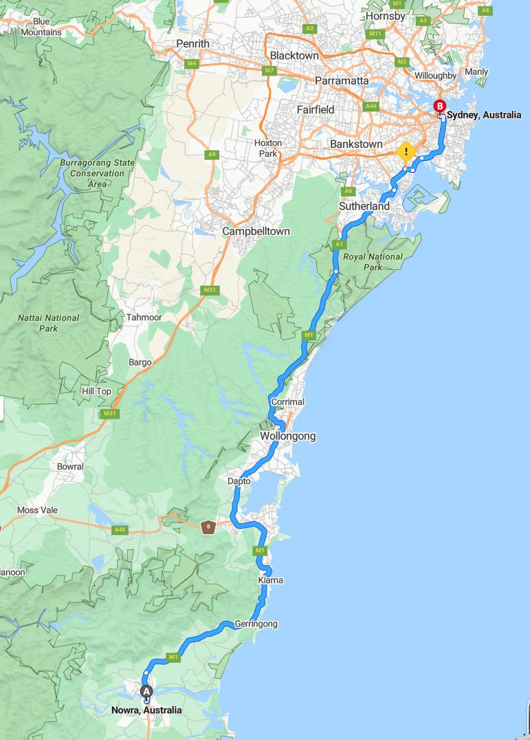 driving from Nowra, New South Wales to SydneyNew South Wales - map and route