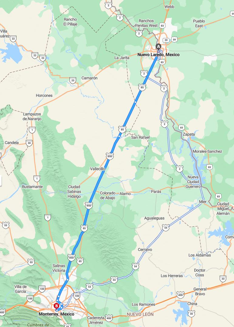 driving from Nuevo Laredo, Tamaulipas to MonterreyNuevo Leon - map and route