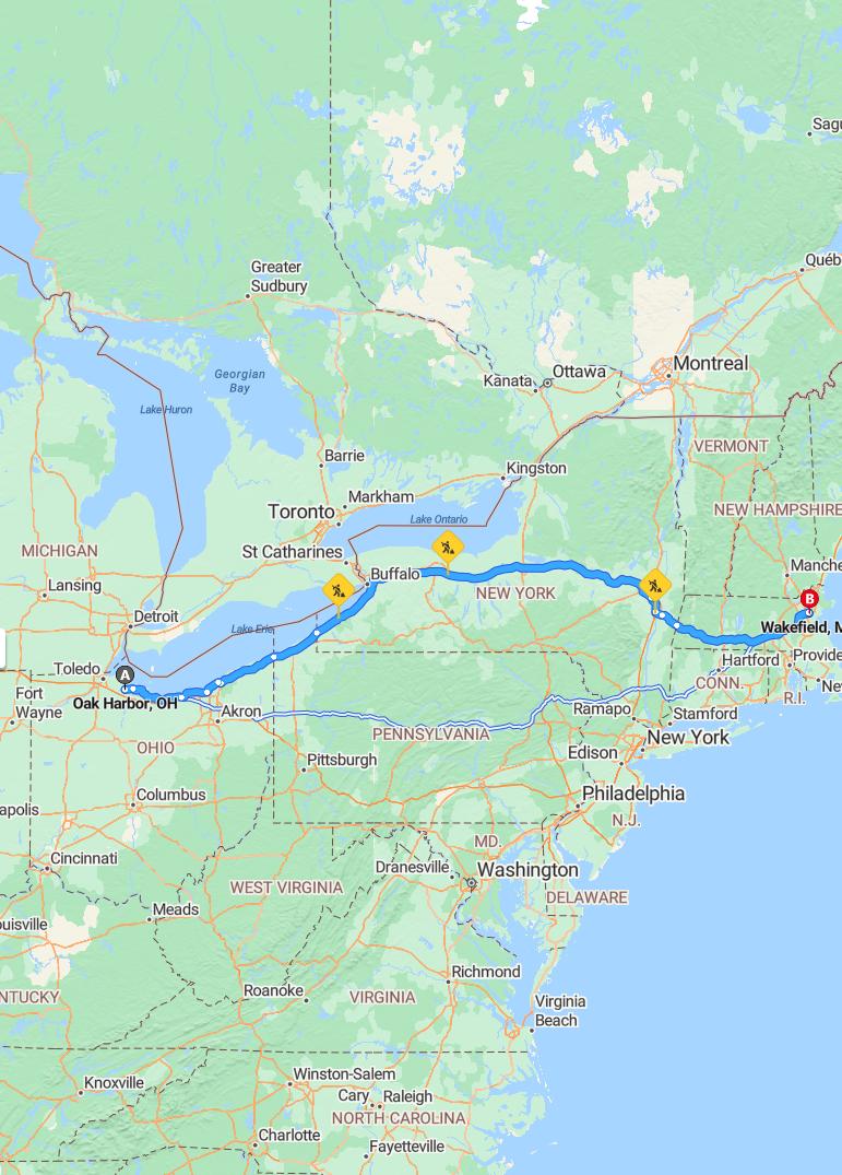 driving from Oak Harbor, Ohio to WakefieldMassachusetts - map and route