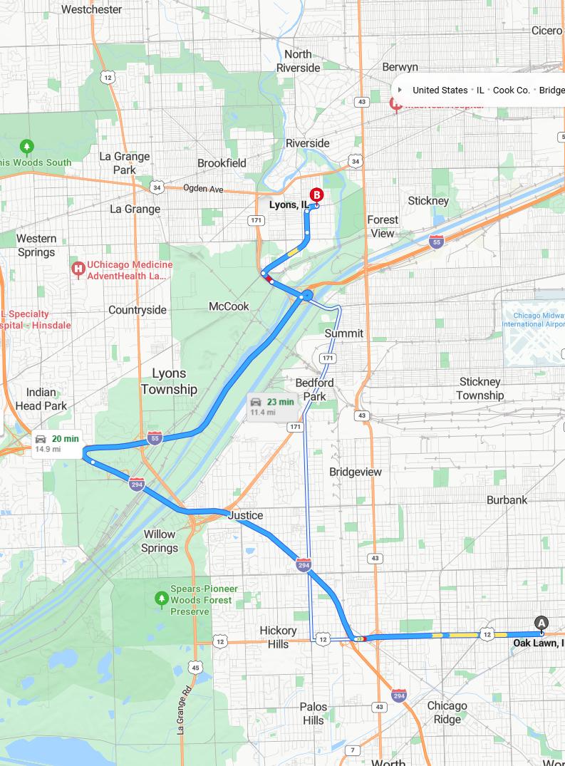 driving from Oak Lawn, Illinois to LyonsIllinois - map and route