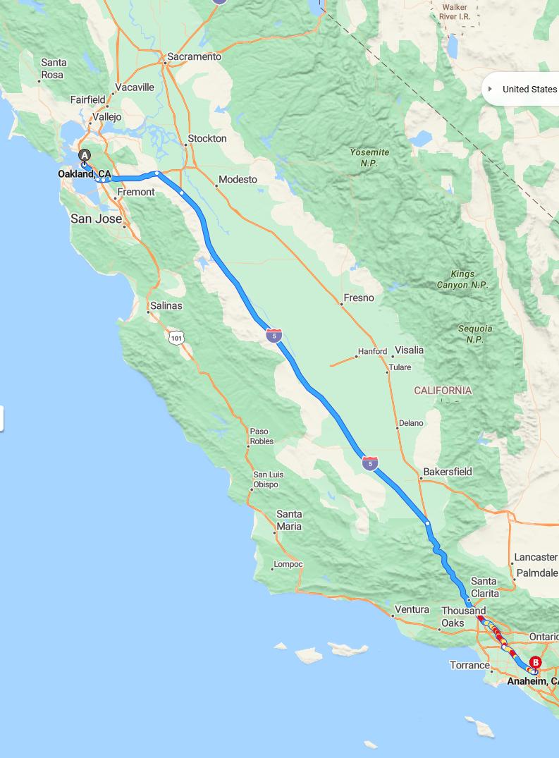 driving from Oakland, California to AnaheimCalifornia - map and route