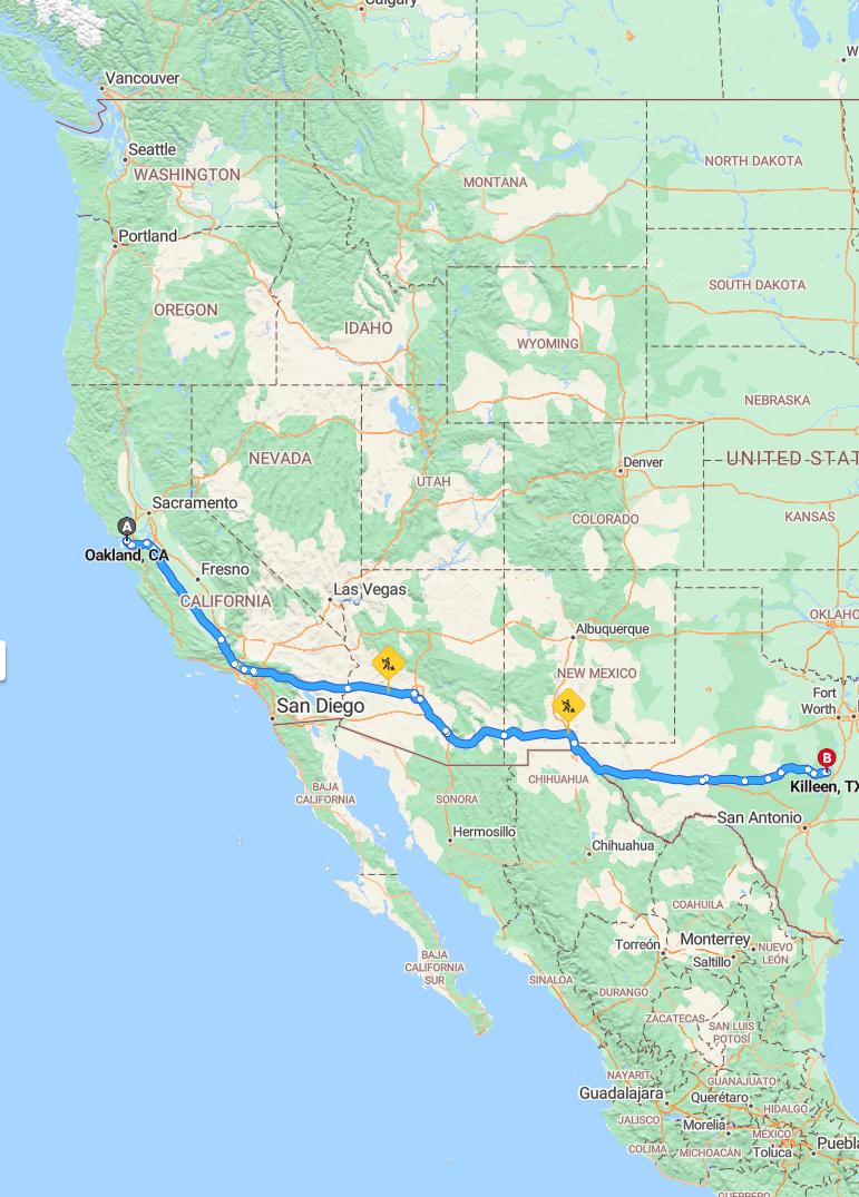 driving from Oakland, California to KilleenTexas - map and route