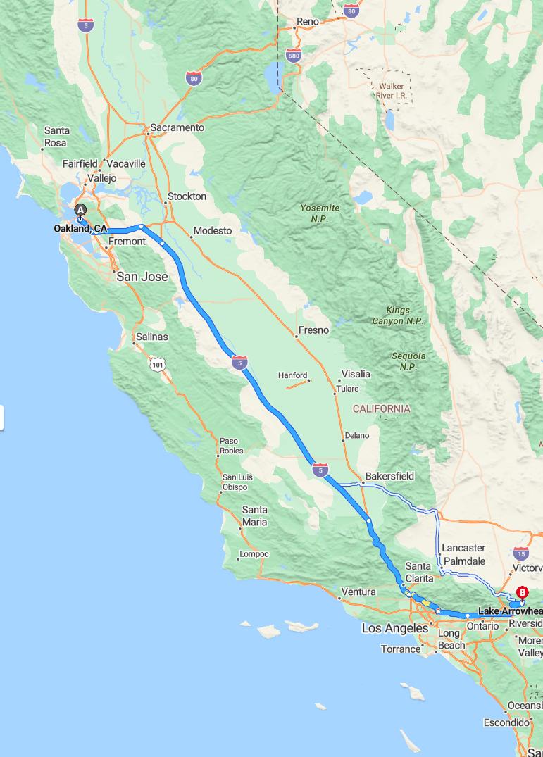 driving from Oakland, California to Lake ArrowheadCalifornia - map and route