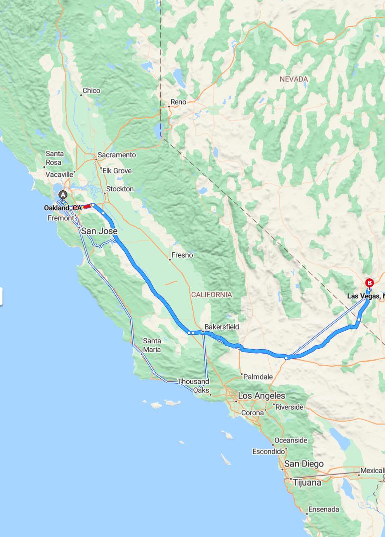 driving from Oakland, California to Las VegasNevada - map and route