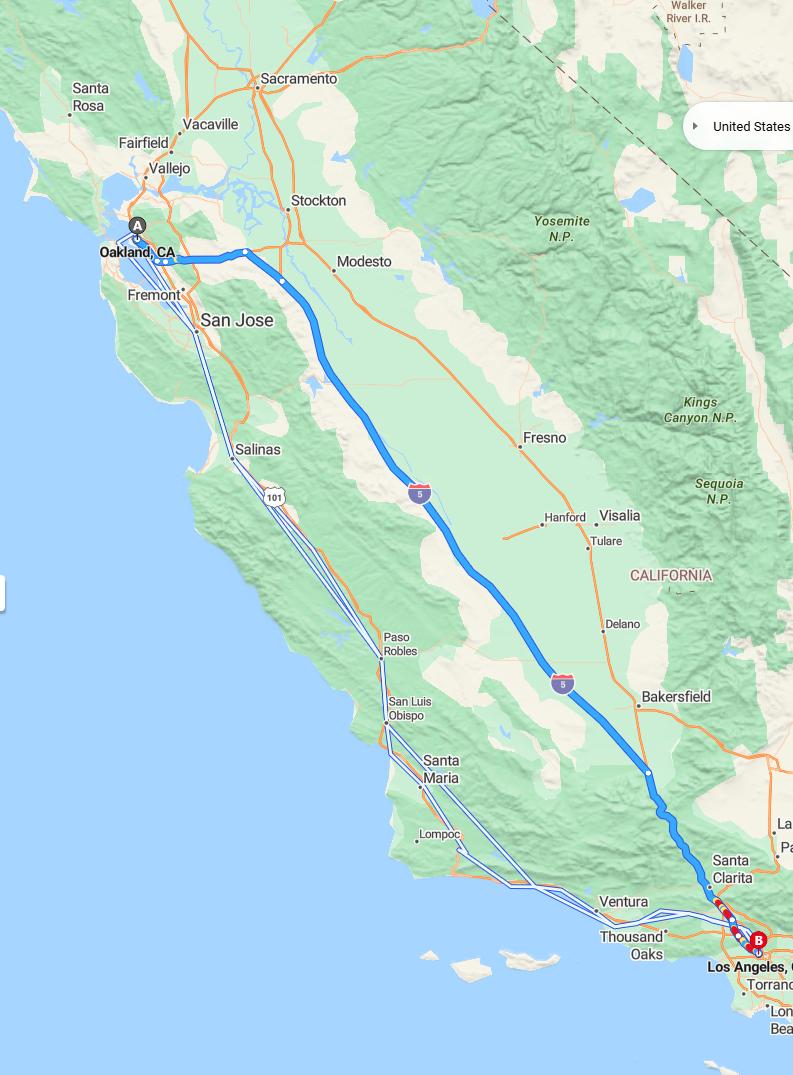 driving from Oakland, California to Los AngelesCalifornia - map and route