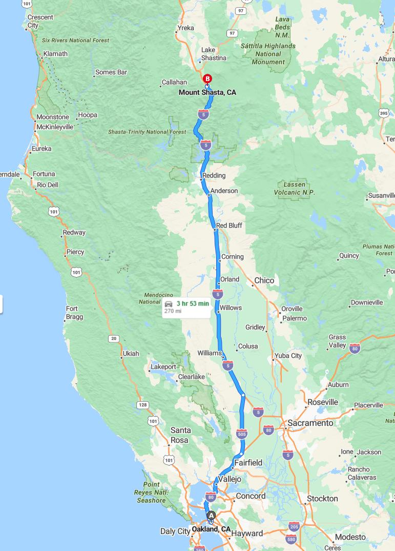 driving from Oakland, California to Mount ShastaCalifornia - map and route