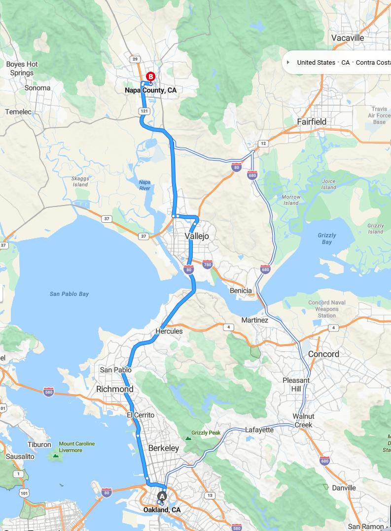 driving from Oakland, California to Napa ValleyCalifornia - map and route