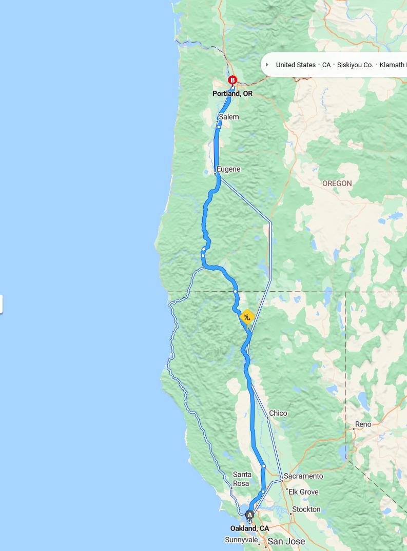 driving from Oakland, California to PortlandOregon - map and route
