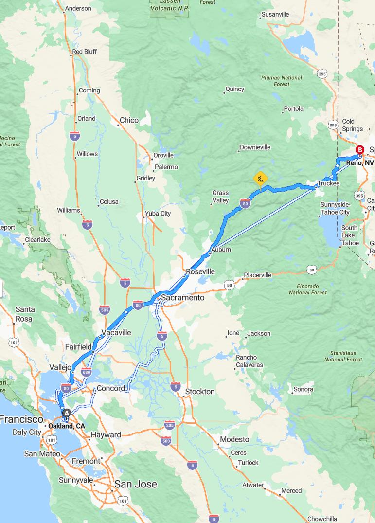 driving from Oakland, California to RenoNevada - map and route