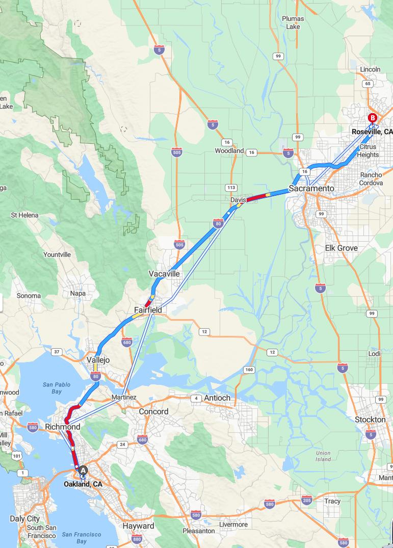driving from Oakland, California to RosevilleCalifornia - map and route