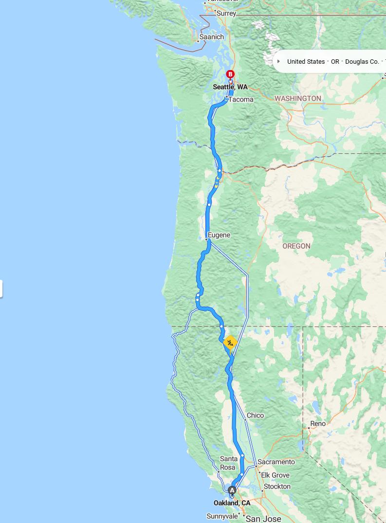 driving from Oakland, California to SeattleWashington - map and route