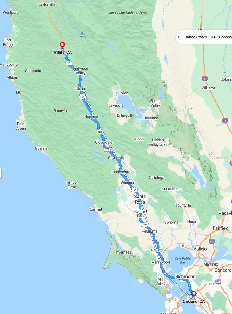 driving from Oakland, California to WillitsCalifornia - map and route