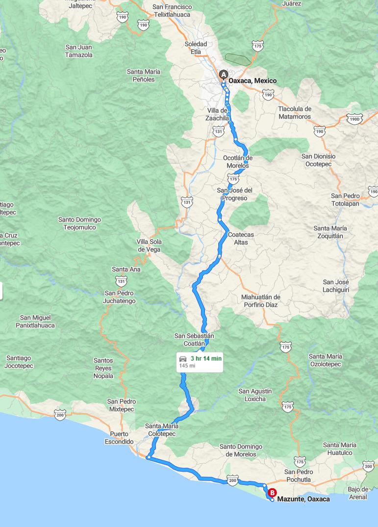 driving from Oaxaca City, Oaxaca to MazunteOaxaca - map and route