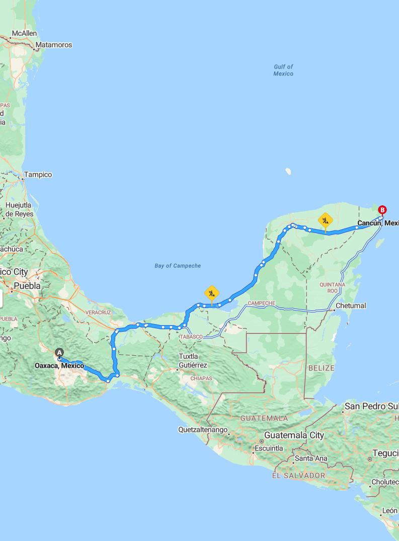 driving from Oaxaca, Oaxaca to CancunQuintana Roo - map and route