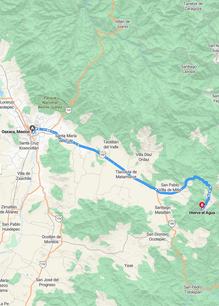 driving from Oaxaca, Oaxaca to Hierve el AguaOaxaca - map and route