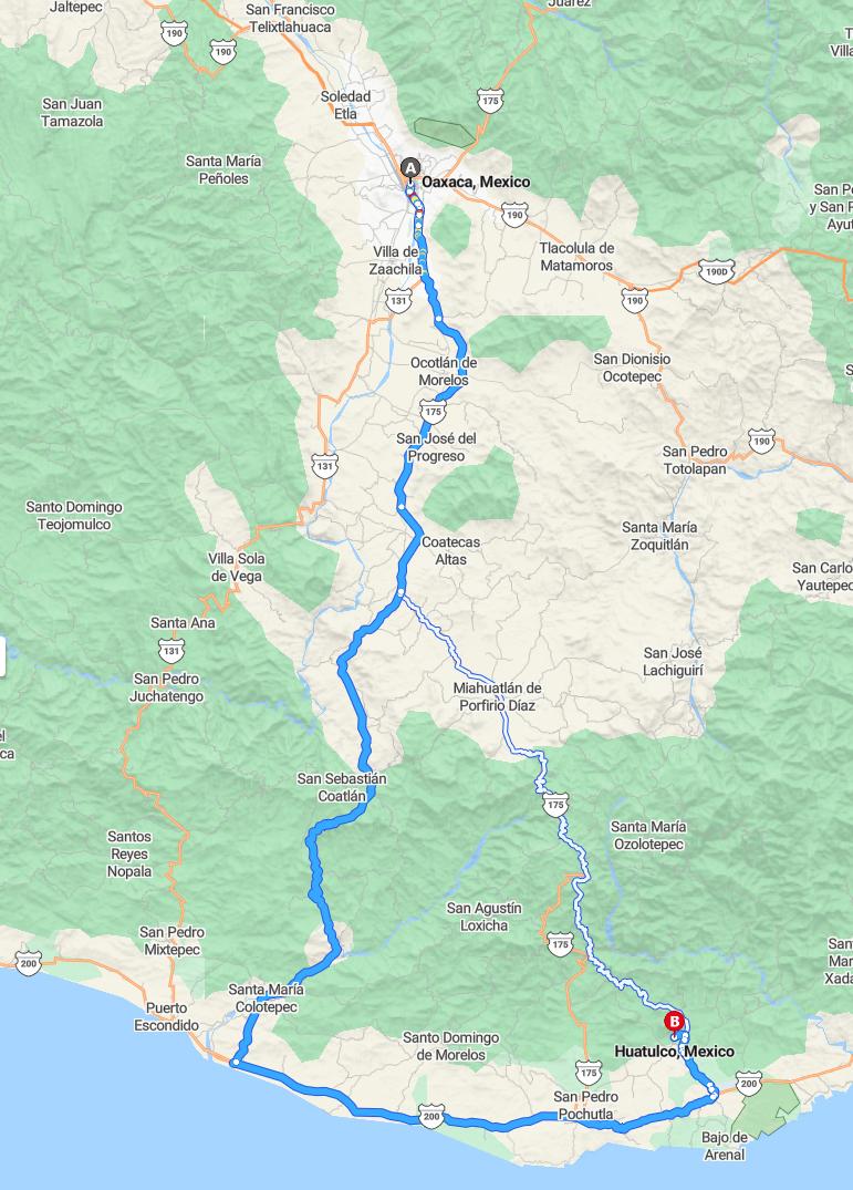 driving from Oaxaca, Oaxaca to HuatulcoOaxaca - map and route