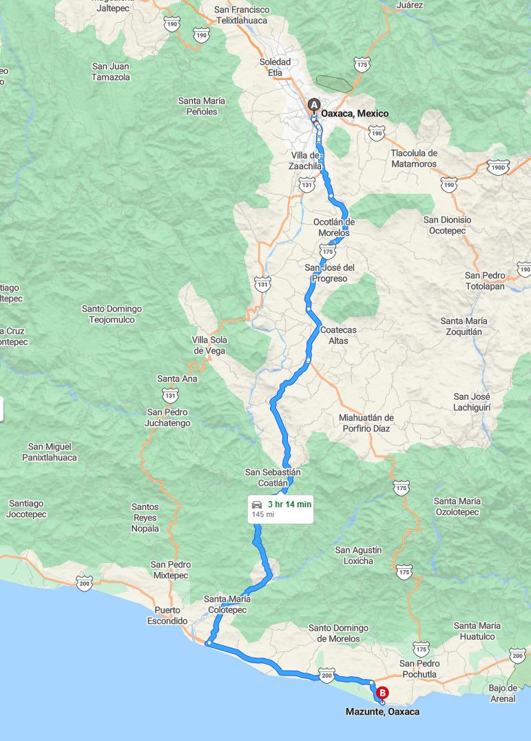 driving from Oaxaca, Oaxaca to MazunteOaxaca - map and route