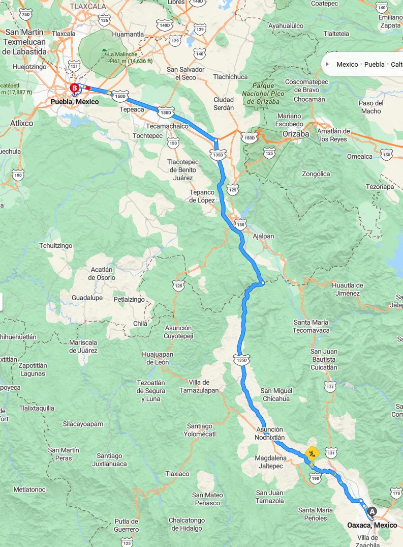 driving from Oaxaca, Oaxaca to PueblaPuebla - map and route