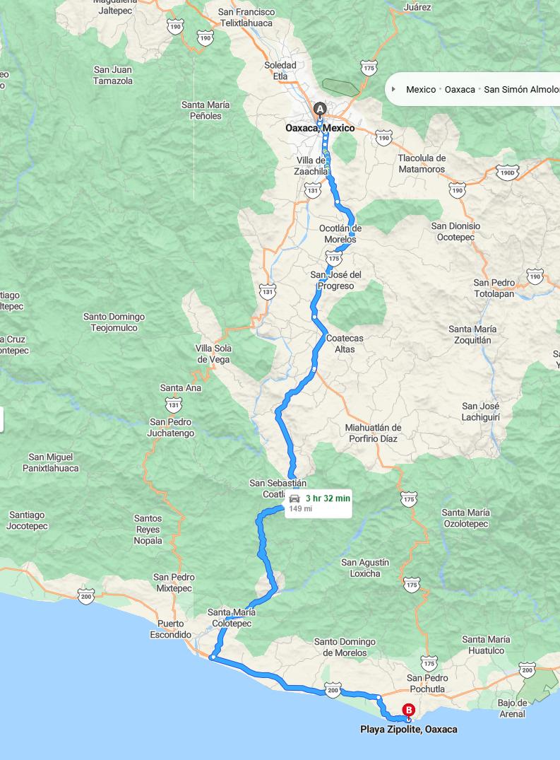 driving from Oaxaca, Oaxaca to ZipoliteOaxaca - map and route
