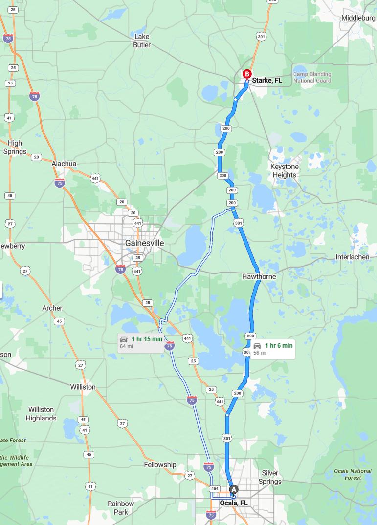 driving from Ocala, Florida to StarkeFlorida - map and route