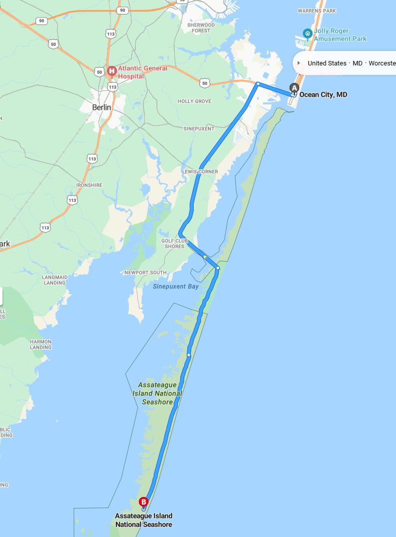 driving from Ocean City, Maryland to Assateague IslandMaryland - map and route