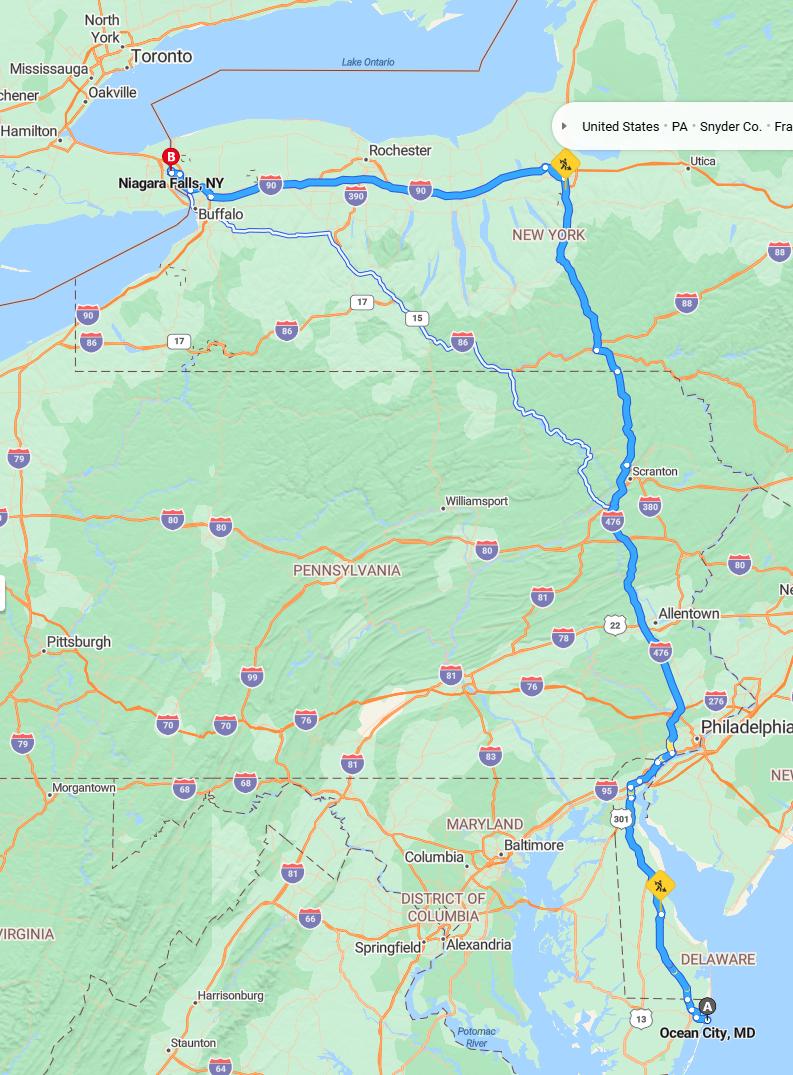 driving from Ocean City, Maryland to Niagara FallsNew York - map and route