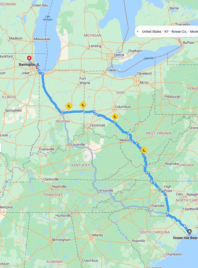 driving from Ocean Isle Beach, North Carolina to BarringtonIllinois - map and route