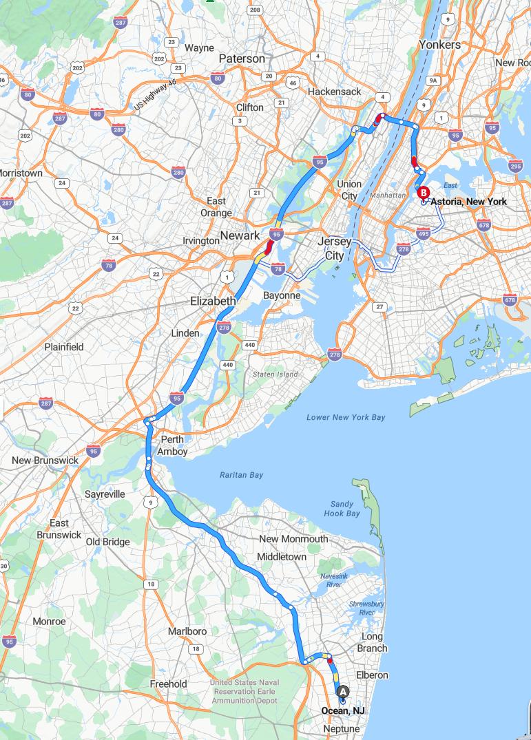 driving from Ocean, New Jersey to AstoriaNew York - map and route