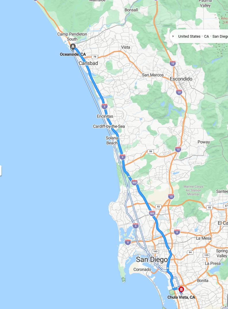 driving from Oceanside, California to Chula VistaCalifornia - map and route