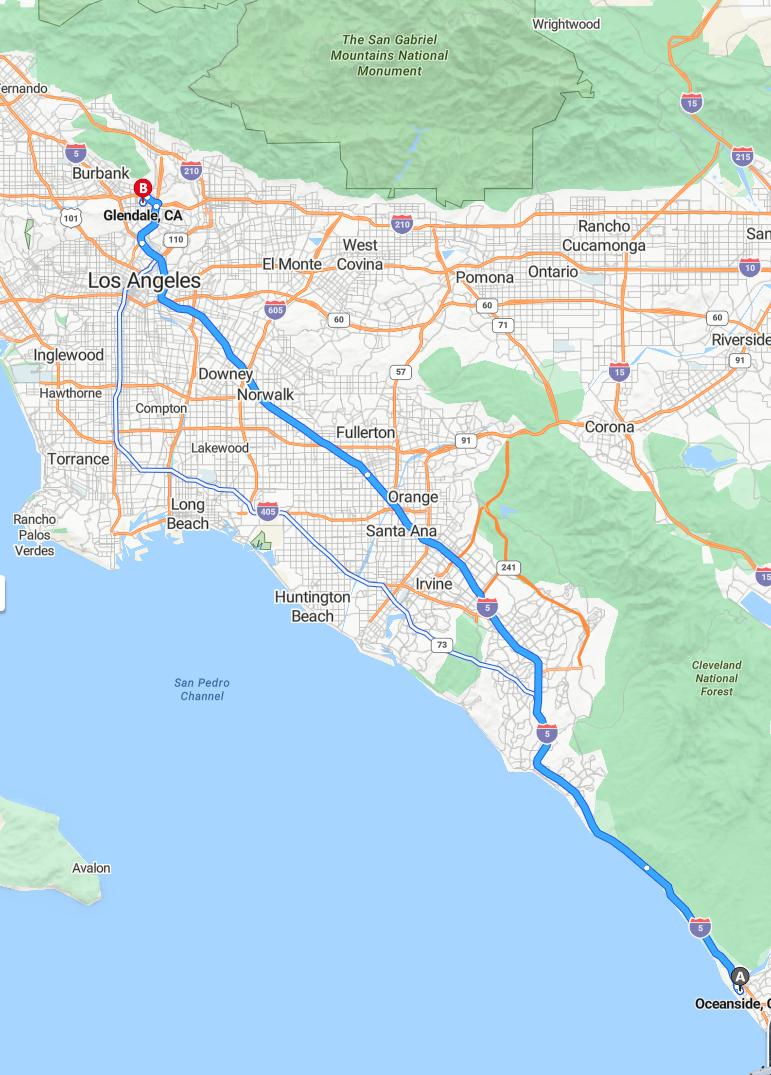 driving from Oceanside, California to GlendaleCalifornia - map and route