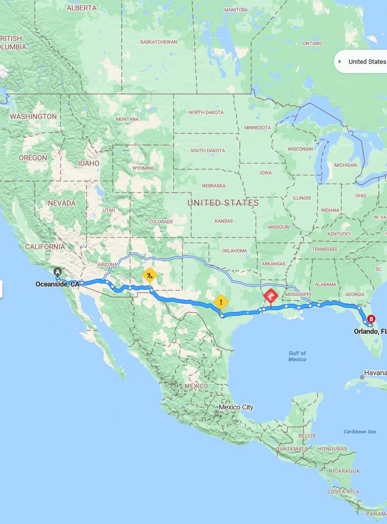 driving from Oceanside, California to OrlandoFlorida - map and route