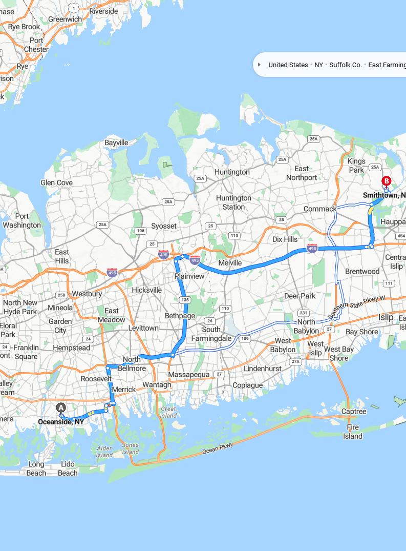 driving from Oceanside, New York to SmithtownNew York - map and route