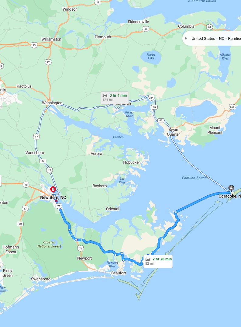 driving from Ocracoke, North Carolina to New BernNorth Carolina - map and route
