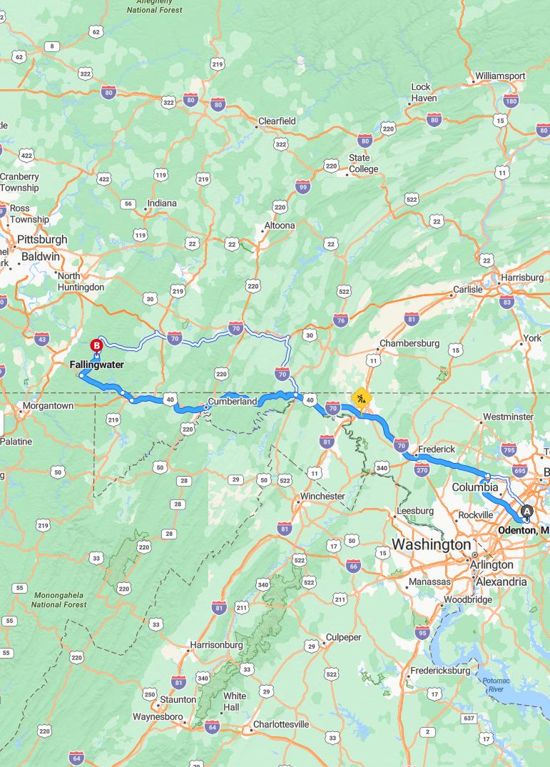 driving from Odenton, Maryland to Falling WatersPennsylvania - map and route