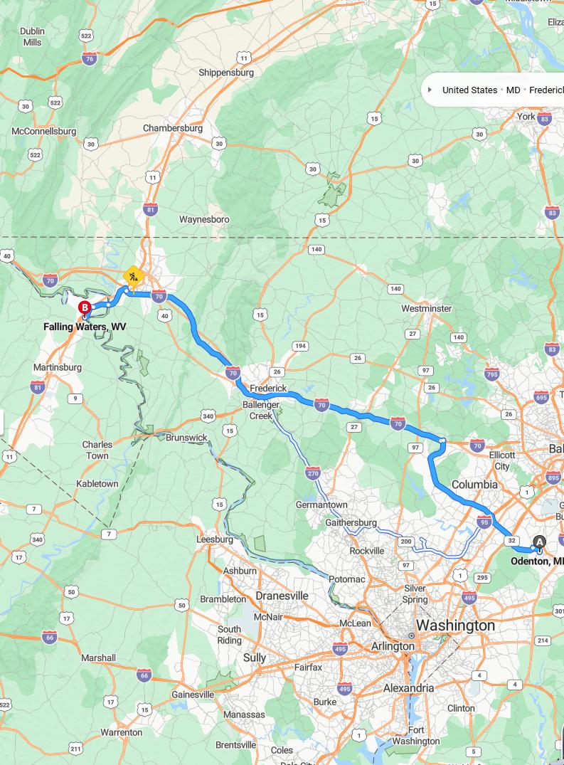 driving from Odenton, Maryland to Falling WatersWest Virginia - map and route