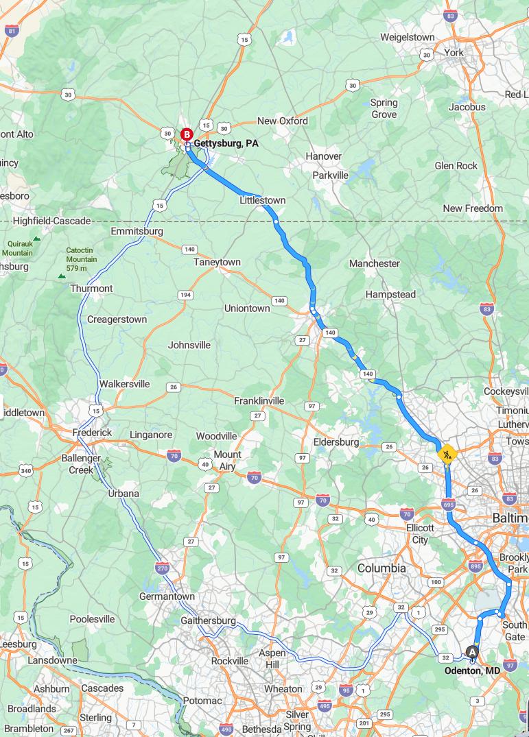 driving from Odenton, Maryland to GettysburgPennsylvania - map and route