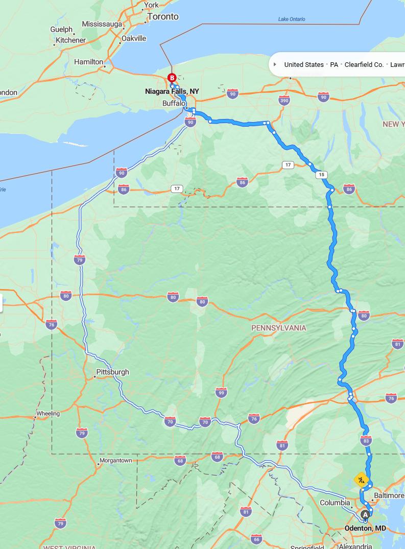 driving from Odenton, Maryland to Niagara FallsNew York - map and route