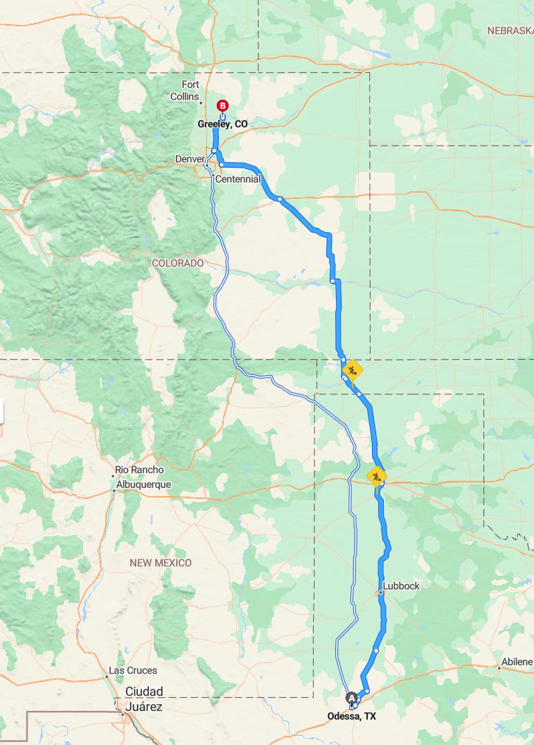 driving from Odessa, Texas to GreeleyColorado - map and route