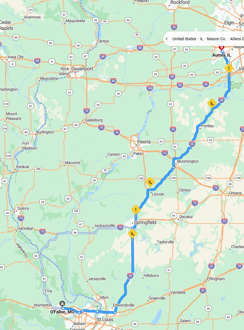 driving from Ofallon, Missouri to AuroraIllinois - map and route