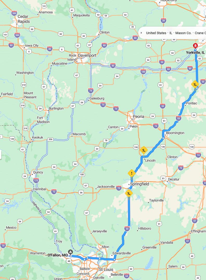 driving from Ofallon, Missouri to YorkvilleIllinois - map and route
