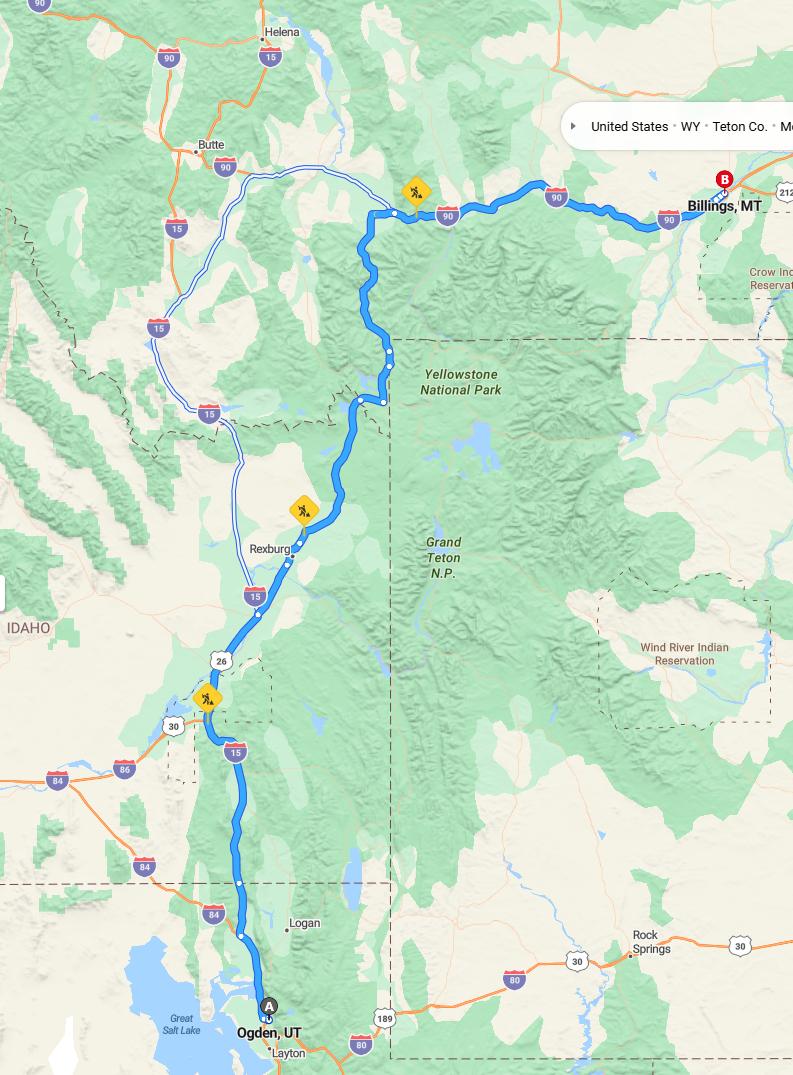 driving from Ogden, Utah to BillingsMontana - map and route