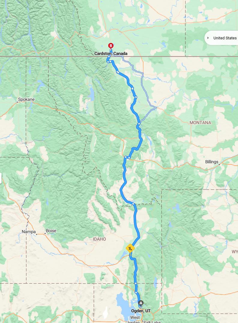 driving from Ogden, Utah to CardstonAlberta - map and route