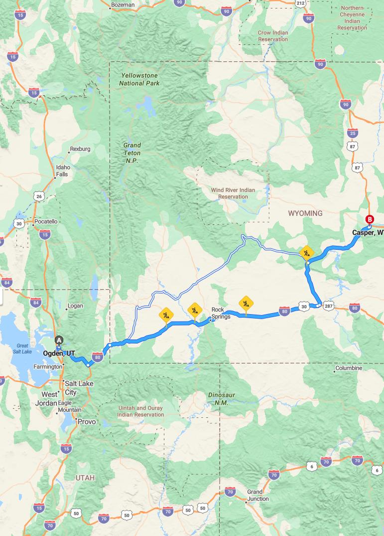 driving from Ogden, Utah to CasperWyoming - map and route
