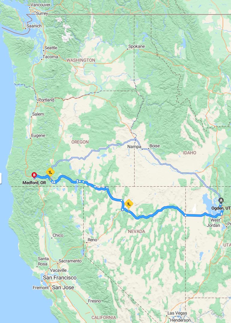 driving from Ogden, Utah to MedfordOregon - map and route