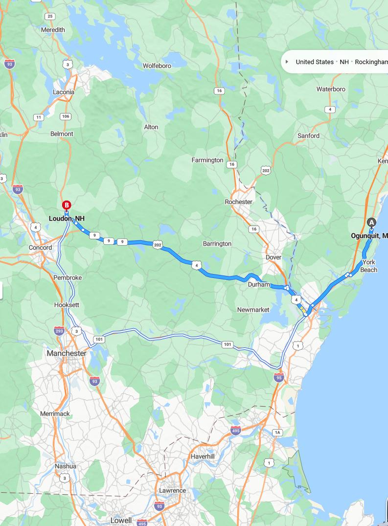 driving from Ogunquit, Maine to LoudonNew Hampshire - map and route