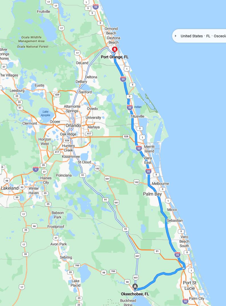 driving from Okeechobee, Florida to Port OrangeFlorida - map and route