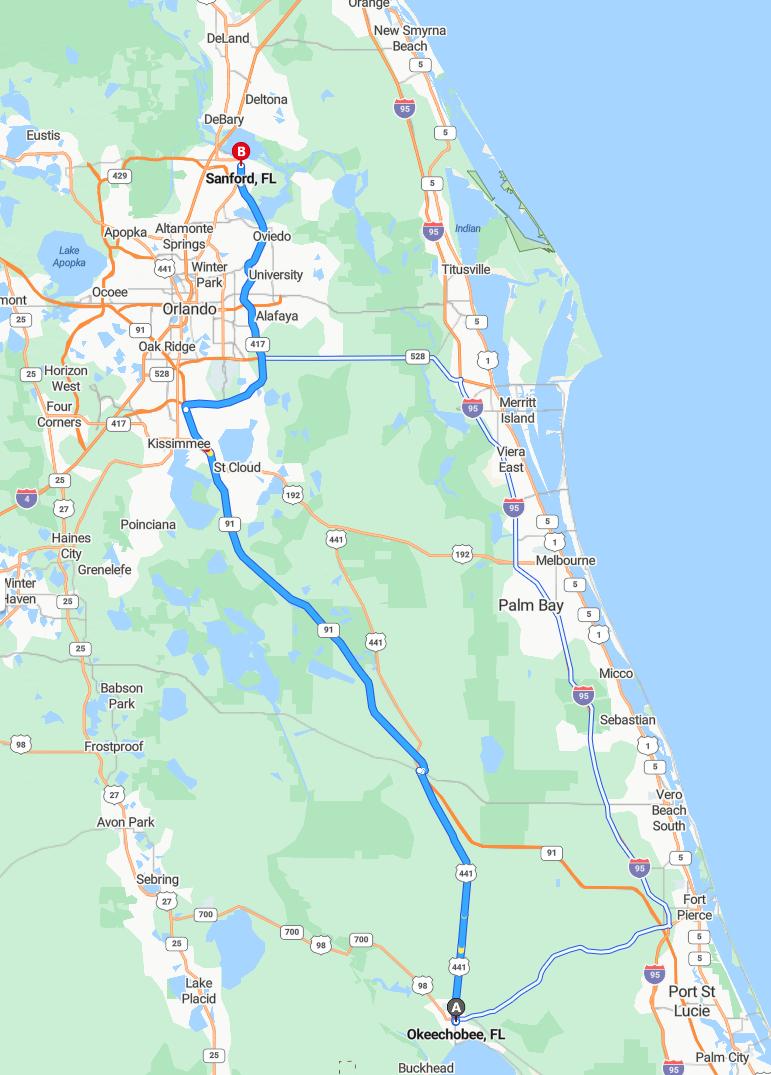 driving from Okeechobee, Florida to SanfordFlorida - map and route