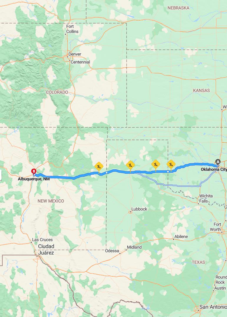 driving from Oklahoma City, Oklahoma to AlbuquerqueNew Mexico - map and route