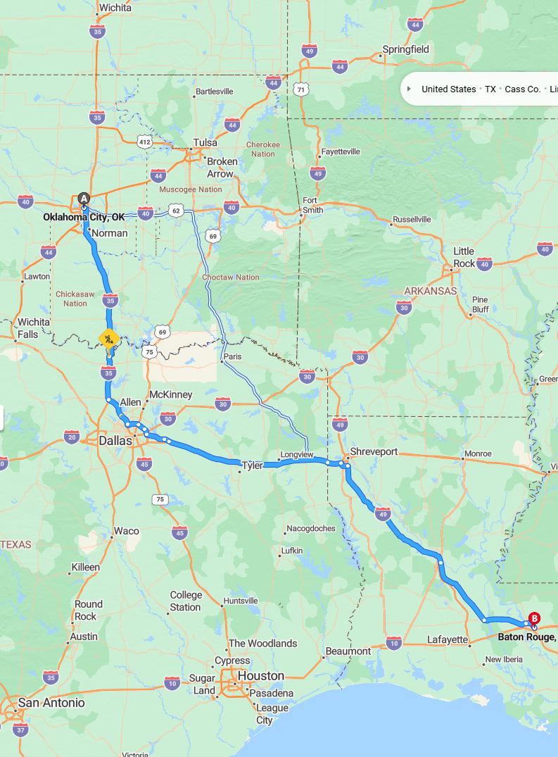 driving from Oklahoma City, Oklahoma to Baton RougeLouisiana - map and route
